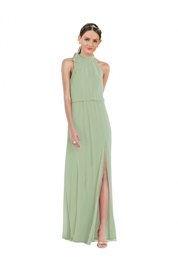 Vert fumée Trapèze Col Haut Mousseline Longue Robes demoiselle d'honneur Grossiste