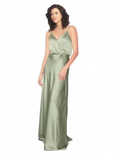 Vert fumée Trapèze Col V Satiné Soyeux Longue Formelles Robes demoiselle d'honneur / Robes de soirée Grossiste