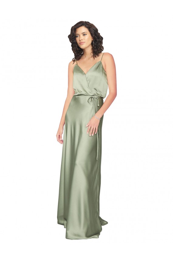 Vert fumée Trapèze Col V Satiné Soyeux Longue Formelles Robes demoiselle d'honneur / Robes de soirée Grossiste
