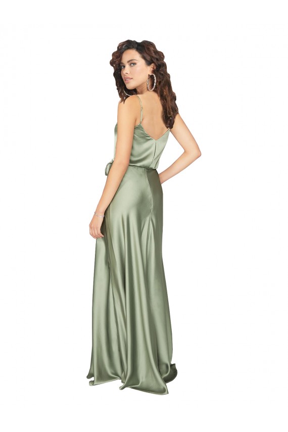 Vert fumée Trapèze Col V Satiné Soyeux Longue Formelles Robes demoiselle d'honneur / Robes de soirée Grossiste