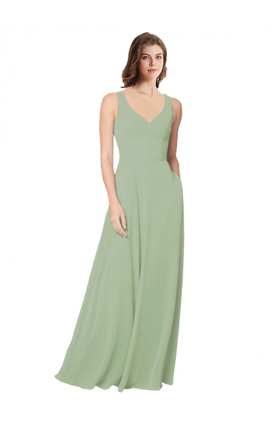Vert fumée Trapèze Mousseline Longue Robes demoiselle d'honneur Grossiste