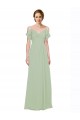 Vert fumée Trapèze Épaule Dénudée Bretelles spaghetti Mousseline Longue Robes demoiselle d'honneur Grossiste